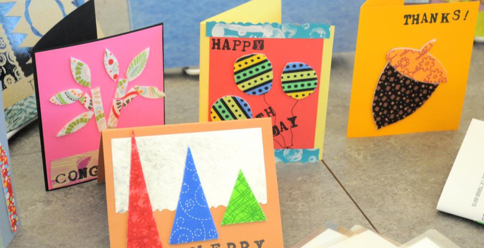 Four handmade cards, each for a different occasion: thank you, merry Christmas, happy birthday, and congratulations.