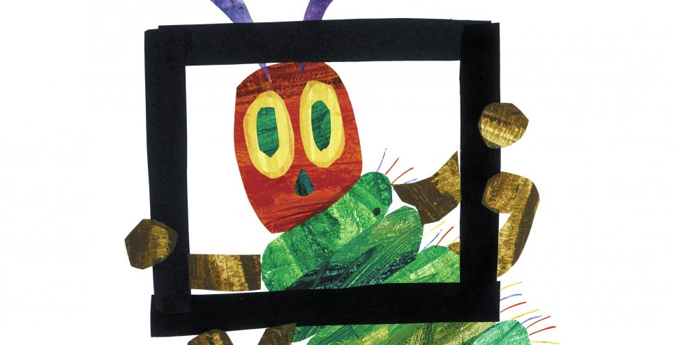 Illustration of The Very Hungry Caterpillar holding picture frame around face.