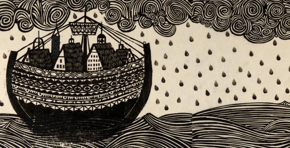 Illustration of boat crossing river in black pen. 