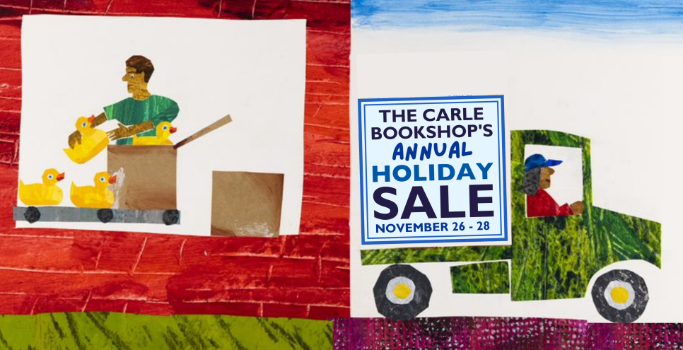 Eric Carle collage from 10 Little Rubber Ducks, of a driver in a truck holding boxes, alongside text about Shop Sale.