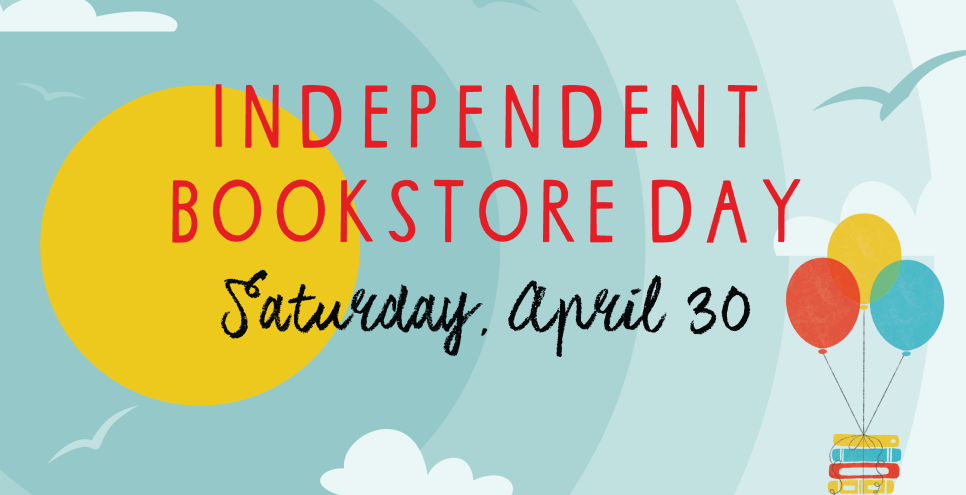 Blue image with Independent Bookstore Day logo