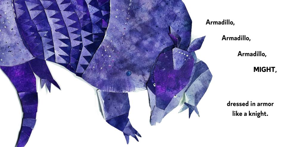 Collage armadillo made from purple pieces of paper.