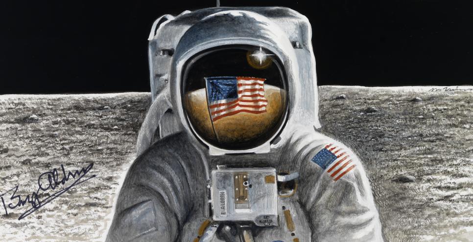 An astronaut stands on the moon with the American flag reflected in the astronaut's helmet. Earth is in the background.