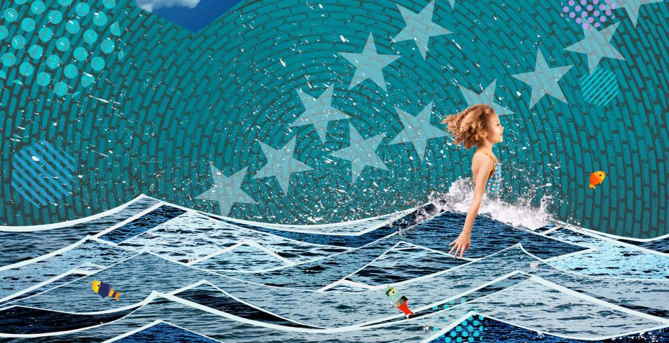 Collage image of girl in waves with stars in background