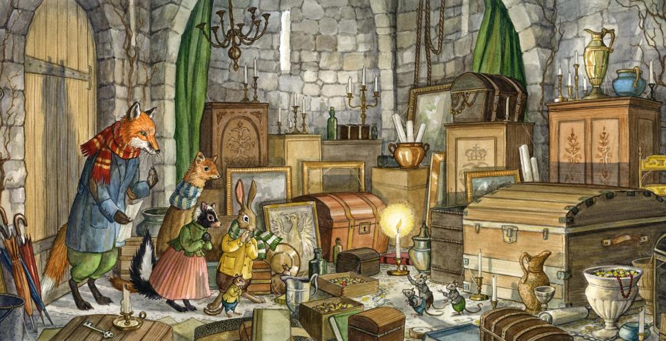  Several clothed animals, including a fox, squirrel, rabbit, and mice, stand in a room with stone walls and long green that stores dressers, trunks, candlesticks, and framed pictures on the floor.