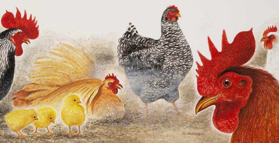 Chickens and roosters are pictured.