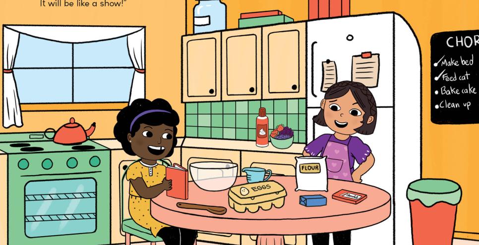 Two young friends, April and Mae, are at a kitchen table. One reads while the other one bakes.