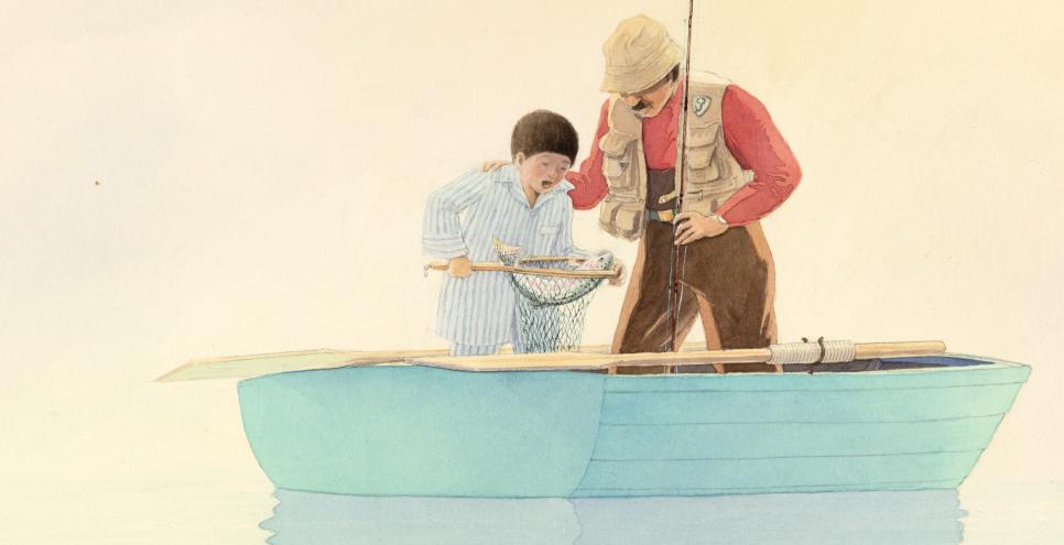Illustration of man and child fishing on still water 