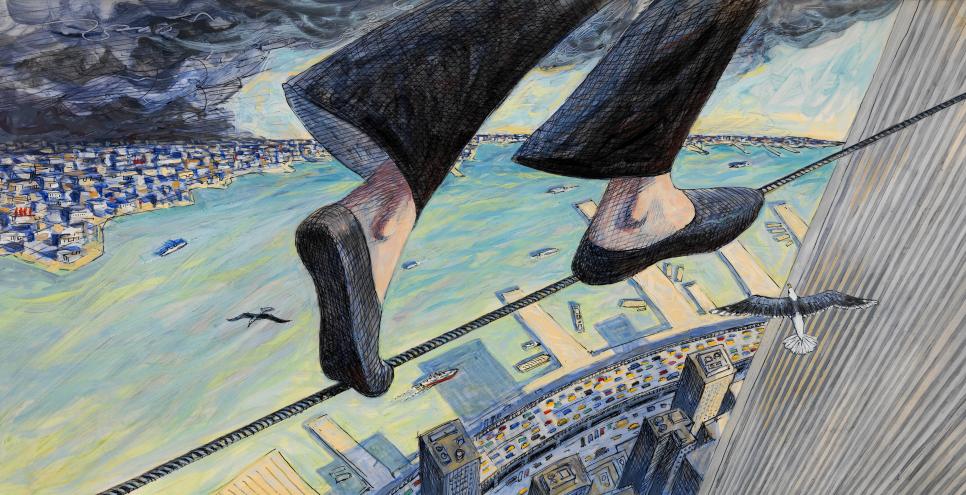 Illustration of feet on tightrope above city. 