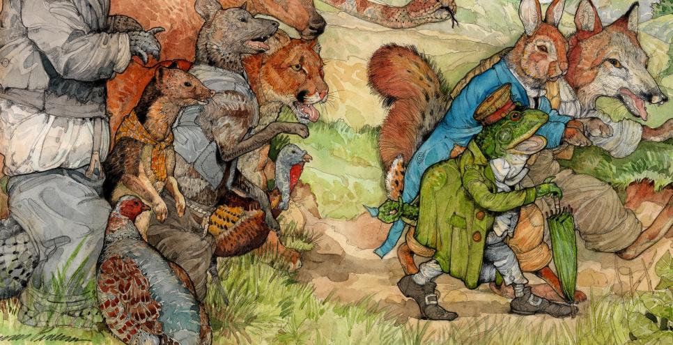Illustration of animals in field. 