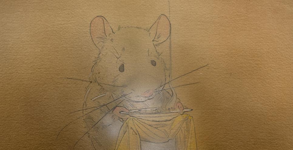 drawing of little mouse standing holding a plate of hot food
