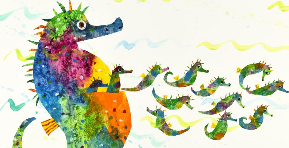 Illustration of colorful seahorse with baby seahorses. 