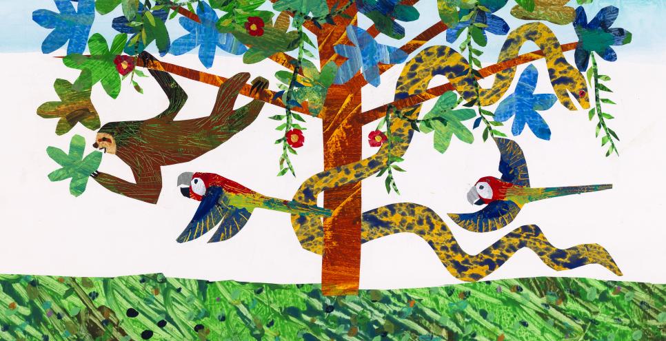 Illustration of sloth in tree with parrots and snake. 
