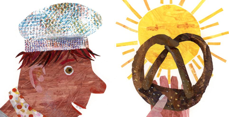 Illustration of baker in white hat holding pretzel in sunshine. 