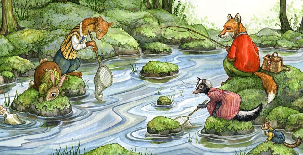 Hector Fox and friends at a stream, with fishing pole and nets.