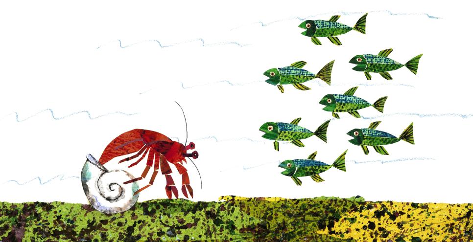 Illustration of hermit crab with fish. 