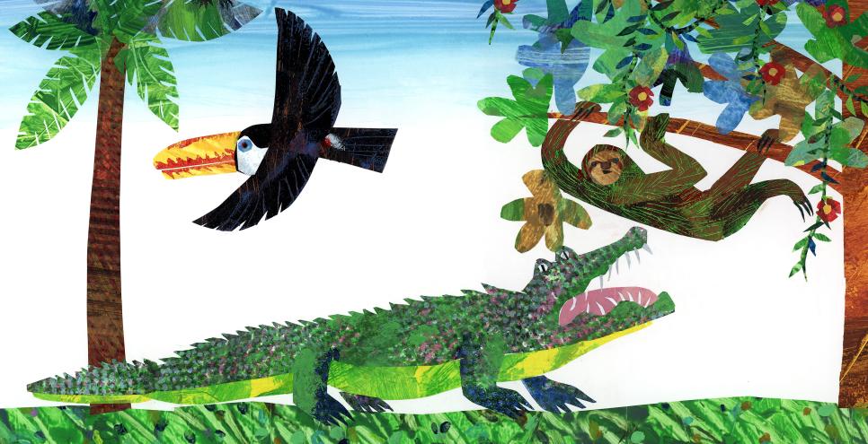 Illustration of sloth in tree with orange-billed birds and crocodile.