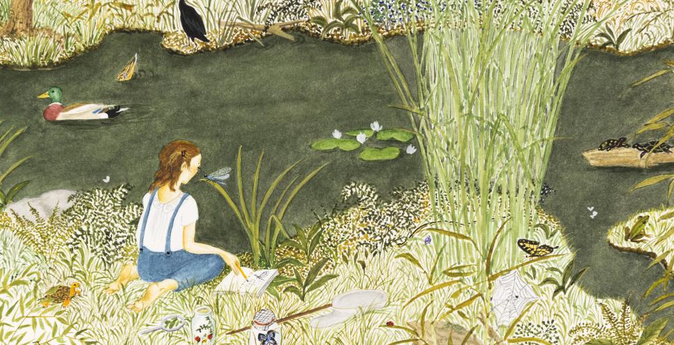 Illustration of girl at pondside. 