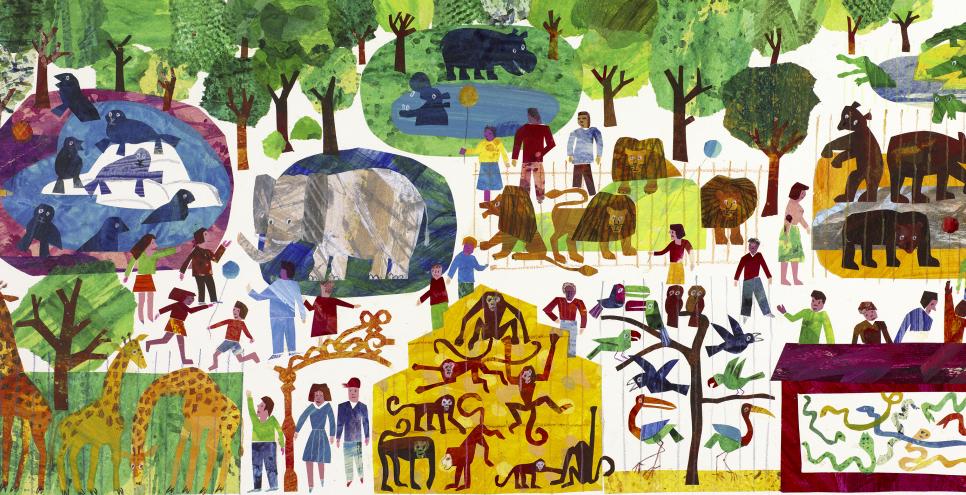 Illustration of crowded zoo park. 