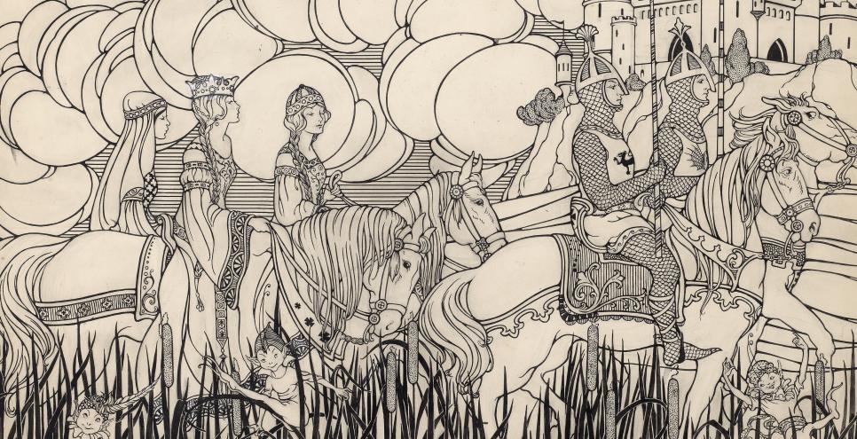 Illustration of knights on horseback.