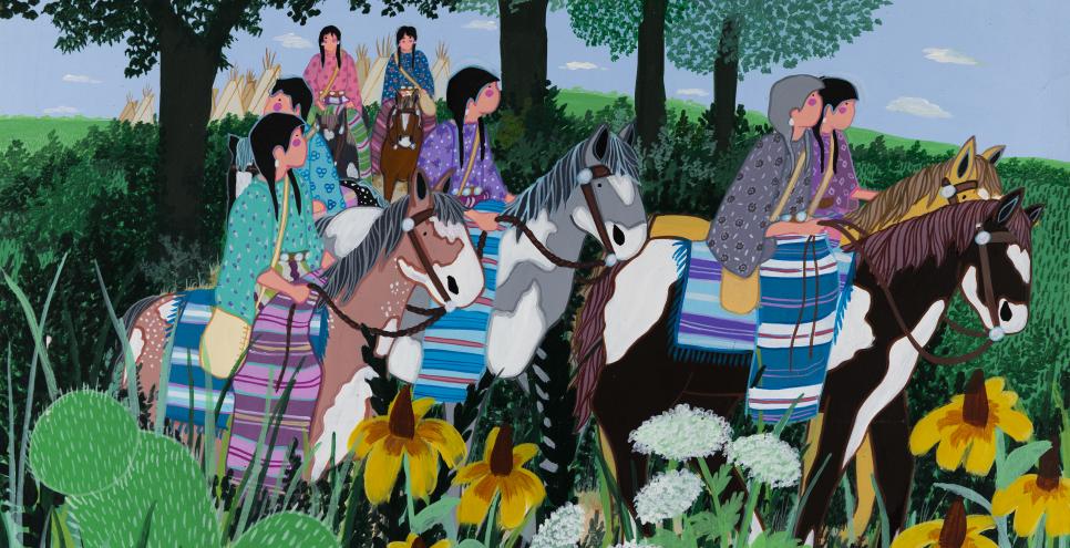 Illustration of women riding horses through flowery field. 