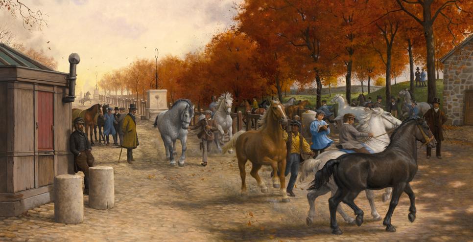 Illustration of horses on cobblestone road 