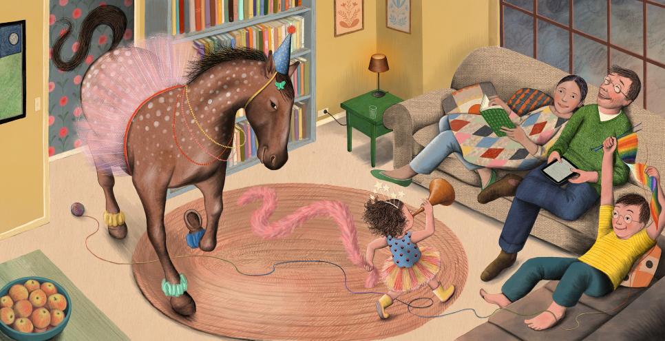 Horse wearing a birthday hat and pink tutu prances with young child in a living room, with parents and brother looking on.