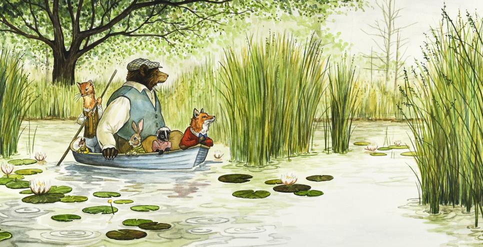 Illustration of animals in canoe on river with lilypads. 