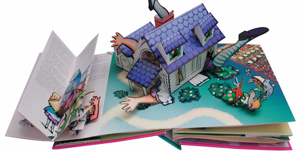 pop-up book showing alice in house. 