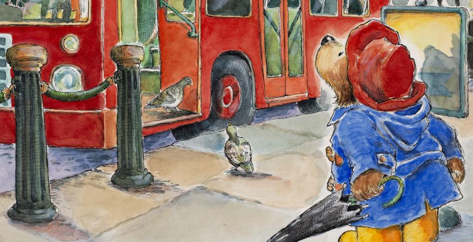 Illustration of Paddington looking at red bus. 