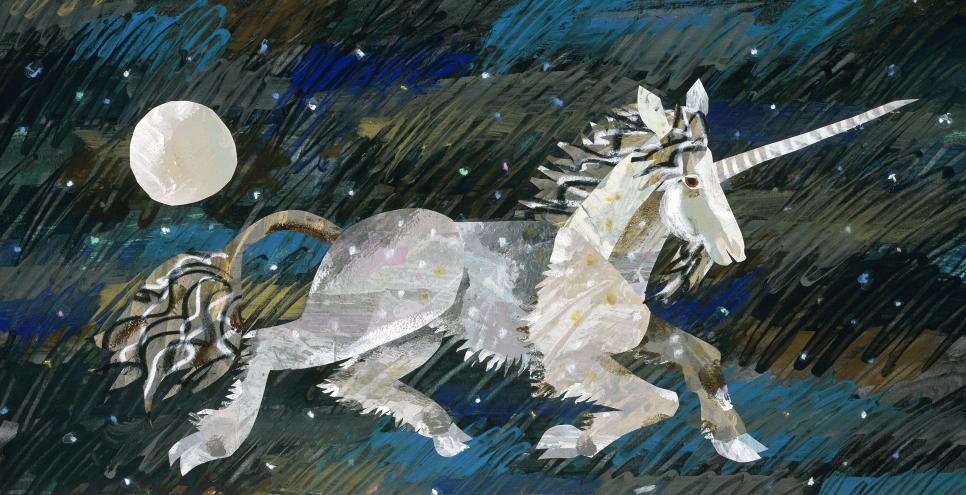 Illustration of unicorn in moonlight. 