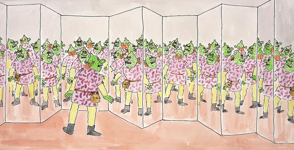 Illustration of shrek in mirrors. 
