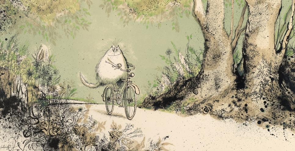 Illustration of cat on bicycle. 