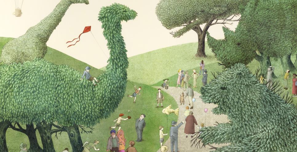 Illustration of topiary animals. 