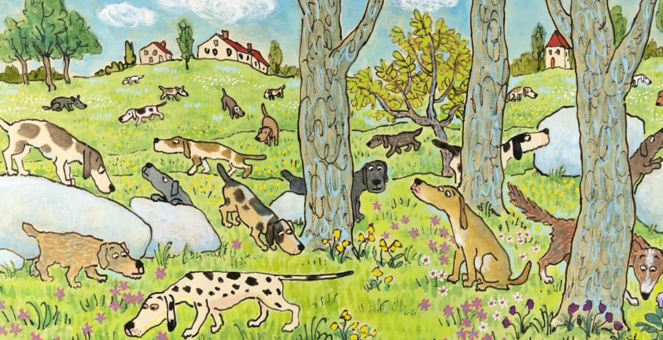 Illustration of dogs searching amongst rocks and trees. 