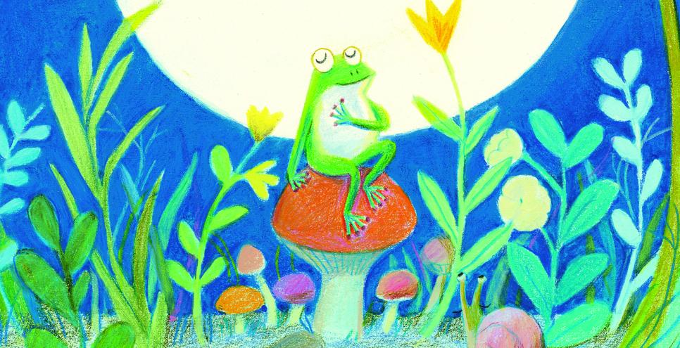 A frog sits on a red mushroom in front of a full moon, surrounded by grasses, flowers, and butterflies.