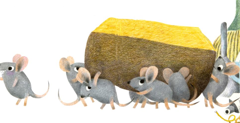 Illustration of mice stealing cheese. 