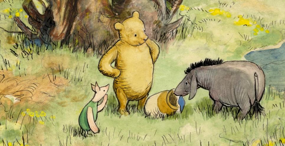 Illustration of pooh, eyore, and piglet in wood. 