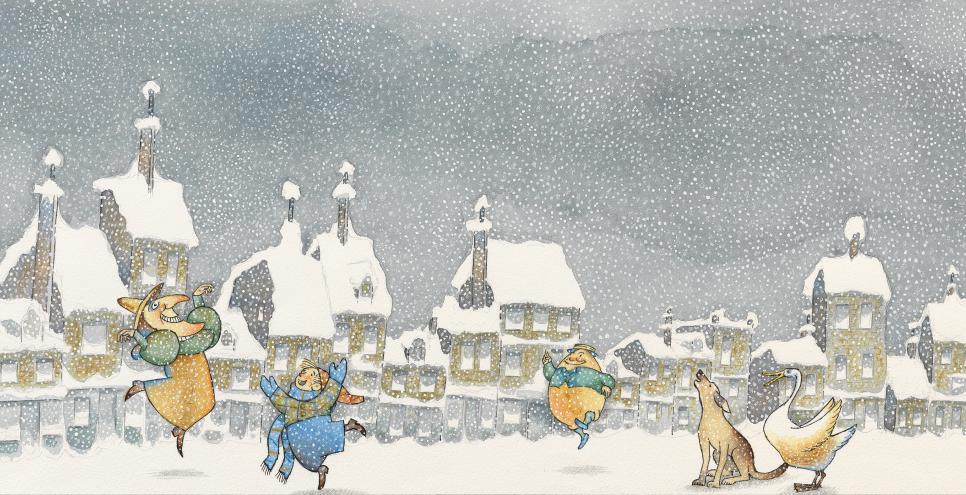 Illustration of people dancing in snow. 