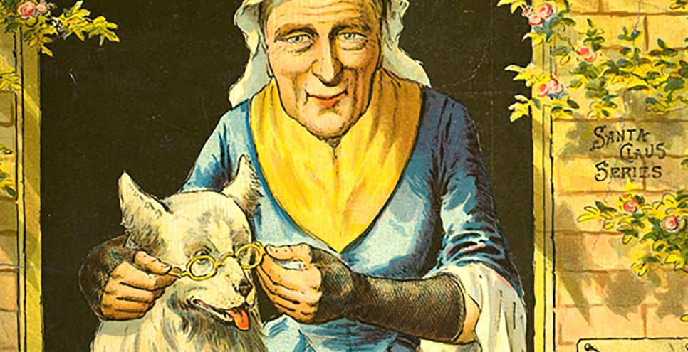 Illustration of old woman and dog. 