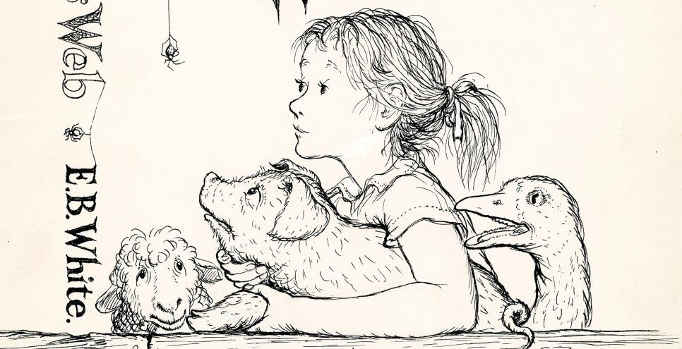 Illustration of girl and pig beneath spider web. 