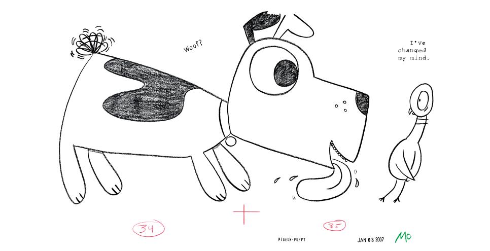 Illustration of dog licking pigeon. 