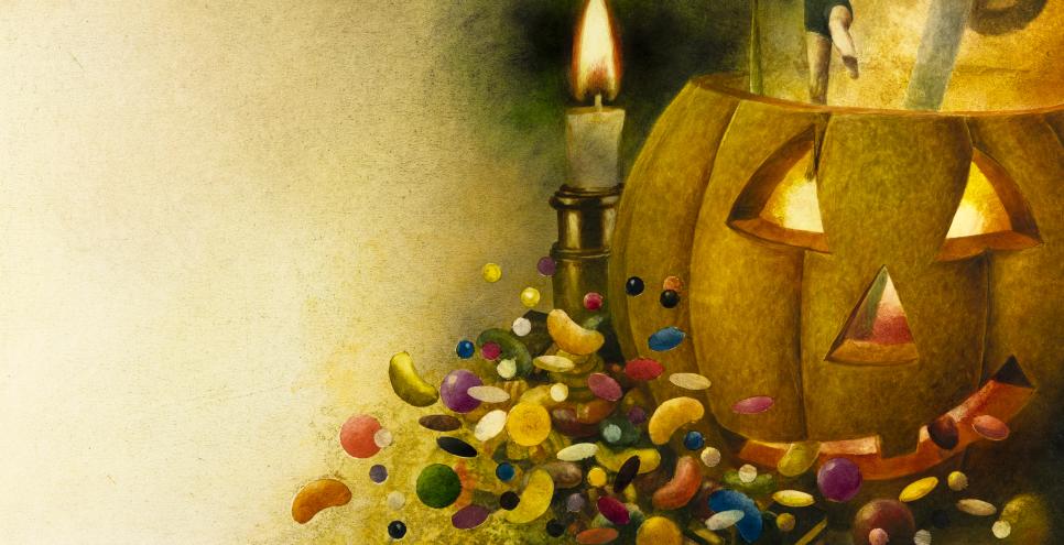 Illustration of pumpkin with candy. 