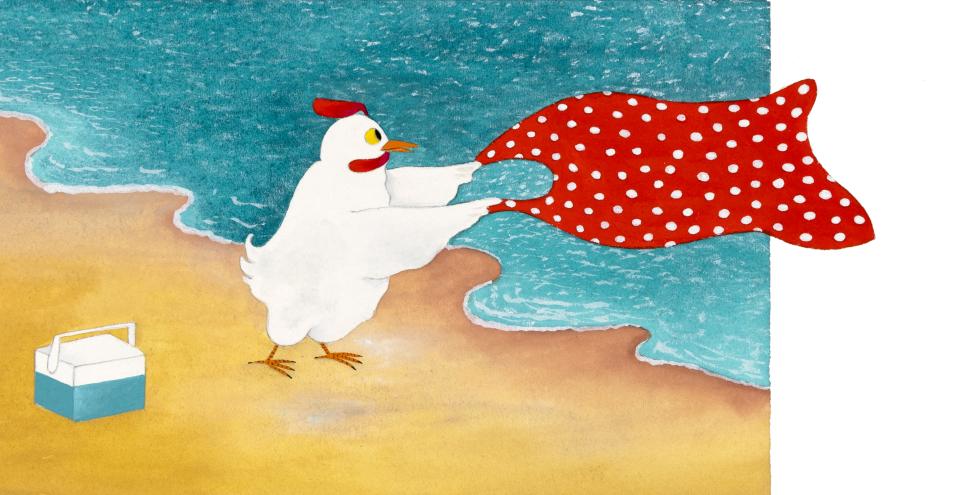 Illustration of chicken spreading out beach towel. 