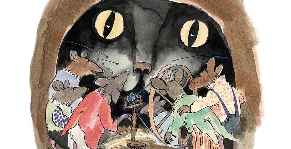 Illustration of large cat face looking through hole at mice. 