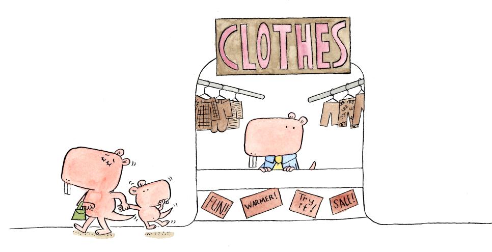 Illustration of mole rats buying clothes. 