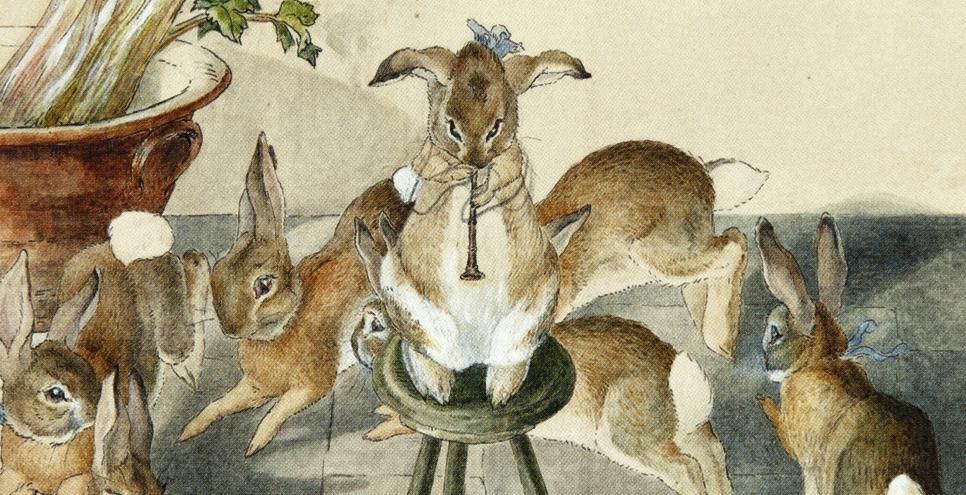 Rabbits dancing around stool. 