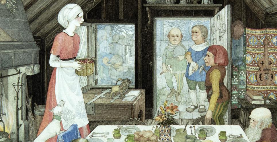 Illustration of woman with dwarfs in kitchen. 