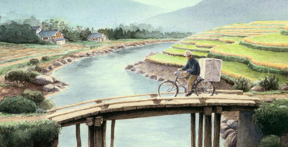 Illustration of man on bike crossing river. 