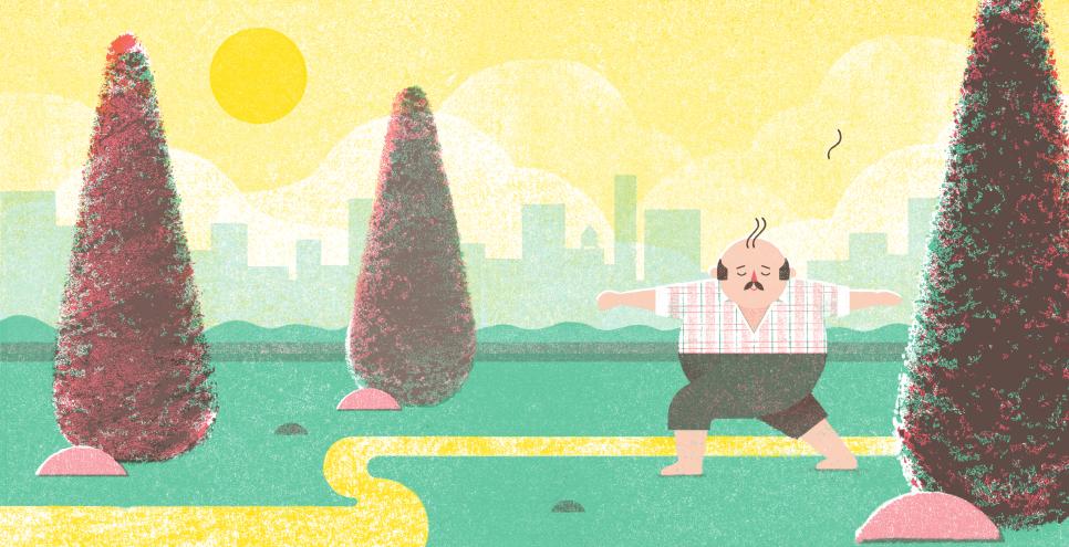 Illustration of man doing yoga in park as a single hair flies off his head.